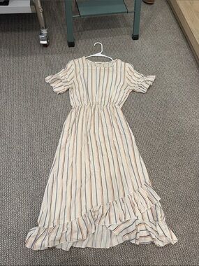 Striped Ruffle Hem Midi Dress - Cream with Navy & Coral Stripes